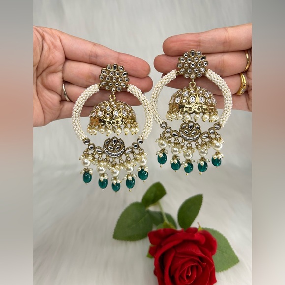 Premium Gold With Green Pearls 2 in 1 Pachi Kundan Jhumka Earrings - Picture 4 of 6